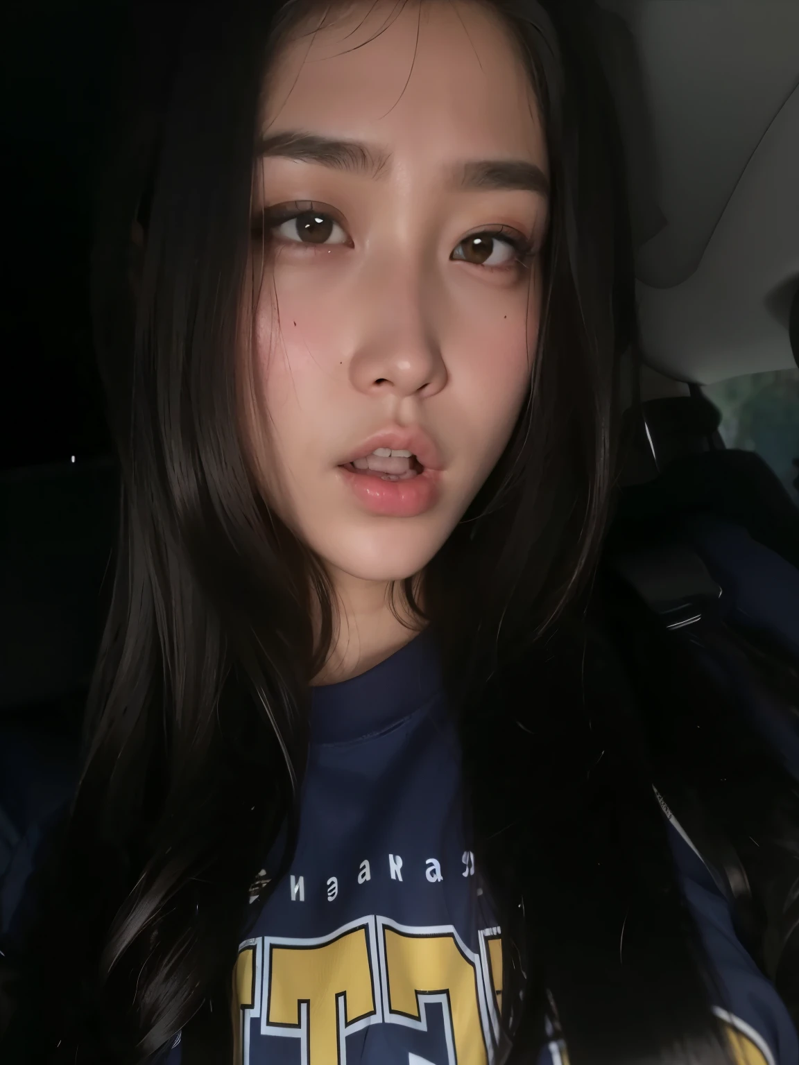 un primer plano de una chica con el pelo largo vistiendo una camiseta, ella tiene una cara linda, asian guy, south east asian con cara redonda, ella tiene una linda cara expresiva, Cara seria, labios gruesos, Cerrar la cara, detailed face of an asian girl, rostro perfectamente iluminado, con mejillas redondas, 18 years, con cara redonda