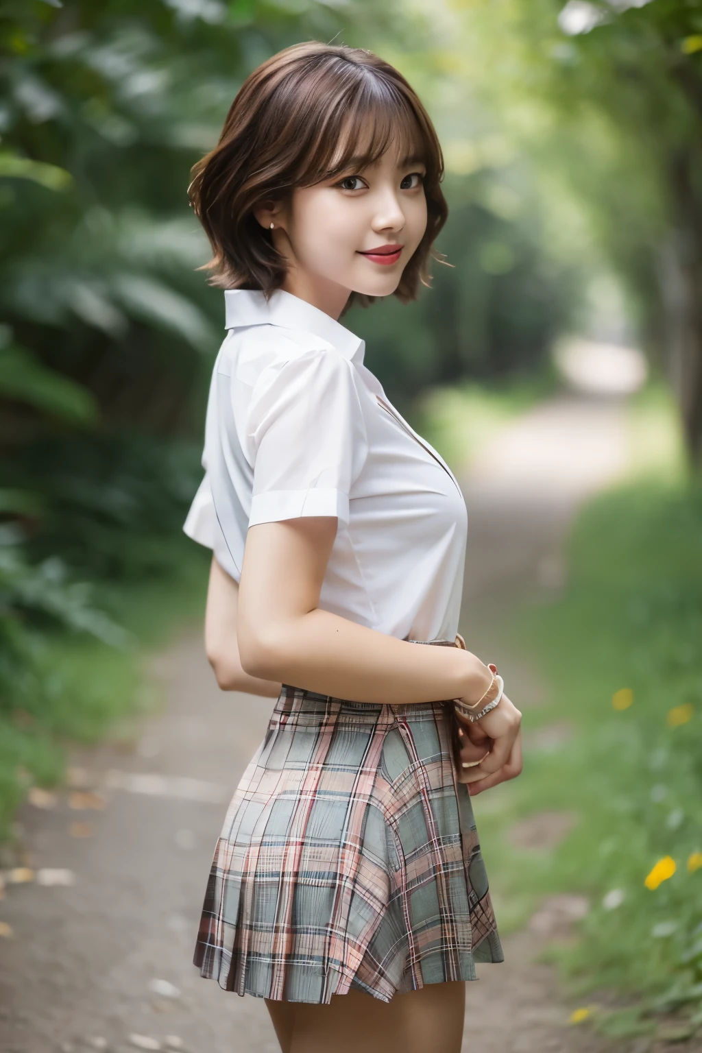 (Realistic:1.5,Dynamic pose:1.7、Healthy Body、Fine skin),21 years old,See-through,Sexy Poses,Perfect Anatomy,Beautiful body,Large Breasts、Plump body,Cute face,Beautiful Face,double eyelid,smile,Naughty look,short hair,Black Hair,iris,from the front,forest,Mysterious,high quality,Realistic,masterpiece,Very detailed,Japan,Beautiful woman,gravure,fashionable,Fashion Model,Final Fantasy、underwear、Collared shirt、Short skirt、sexy:1.10、