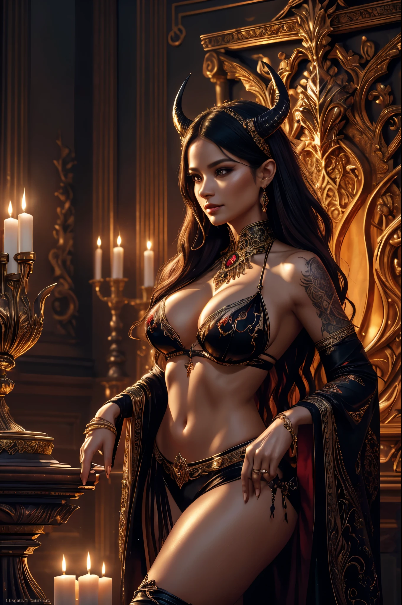 (best quality,highres:1.2),ultra-detailed,realistic,portrait,high fantasy,sexy busty Malaysian woman(age 40),jewel hijab,bikini,tames a devil,arcane chamber,well-lit room,vibrant colors,exquisite details,seductively poses,confident expression,mesmerizing eyes,long wavy hair,fine jewelry,ornate tattoos,chiseled features,soft skin,golden light,elaborate spell casting,richly decorated surroundings,enchanted atmosphere,mythical creatures in the background,elaborate tapestries,handsome yet sinister devil,subdued black and red color scheme,gentle candlelight,Northern European architecture,ethereal shimmer,curved horns,dark wings,burnished scales,dangerous yet alluring presence