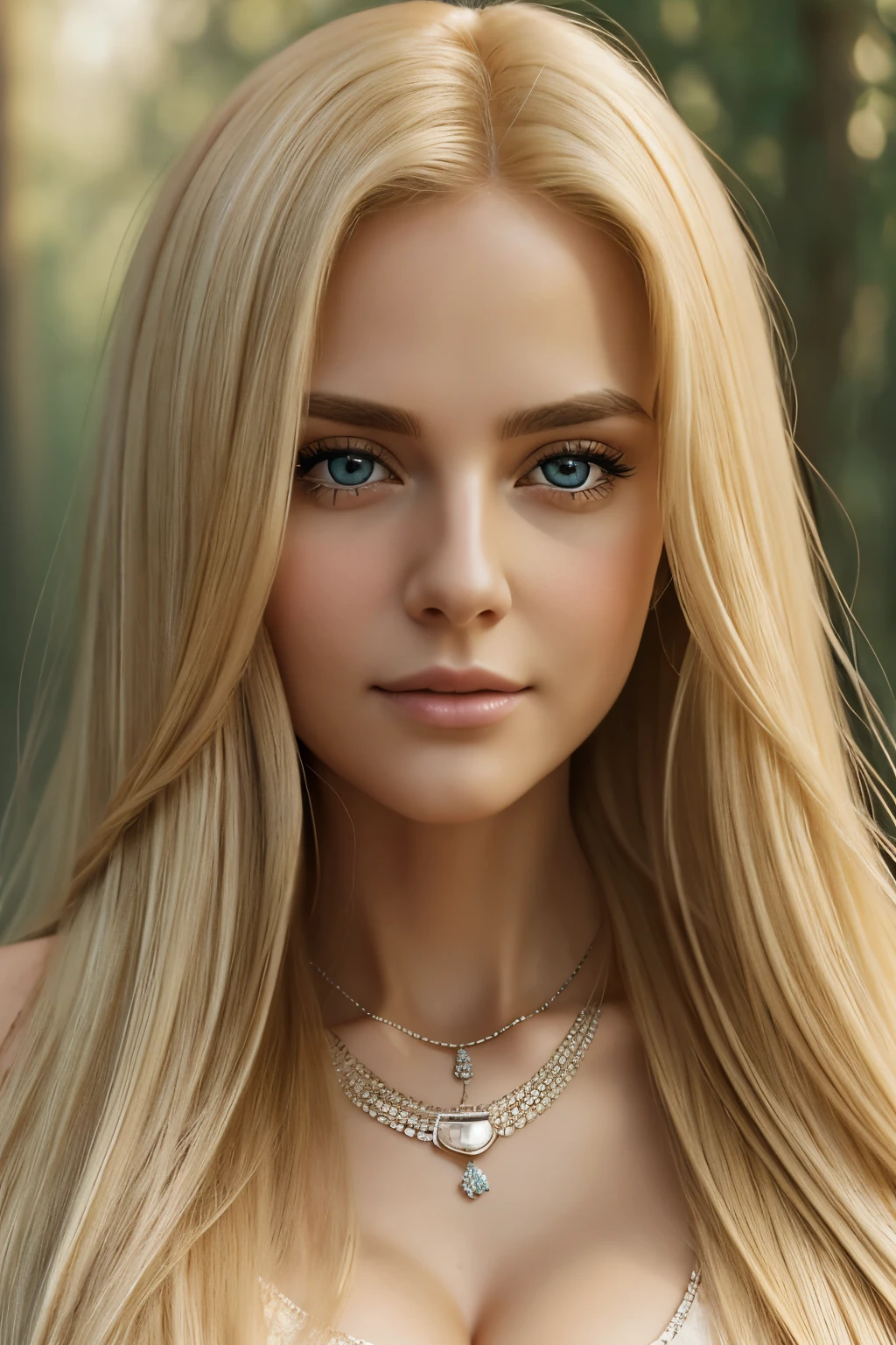 woman with long blonde hair and necklace, Soft portrait shots, 8k, attractive beautiful face, attractive woman face, gorgeous and attractive face, realistic beautiful face, beautiful blonde girl, blonde and attractive features, very beautiful face, ultra realistic digital painting, blonde hair and big eyes, detailed beauty portrait, cleavage