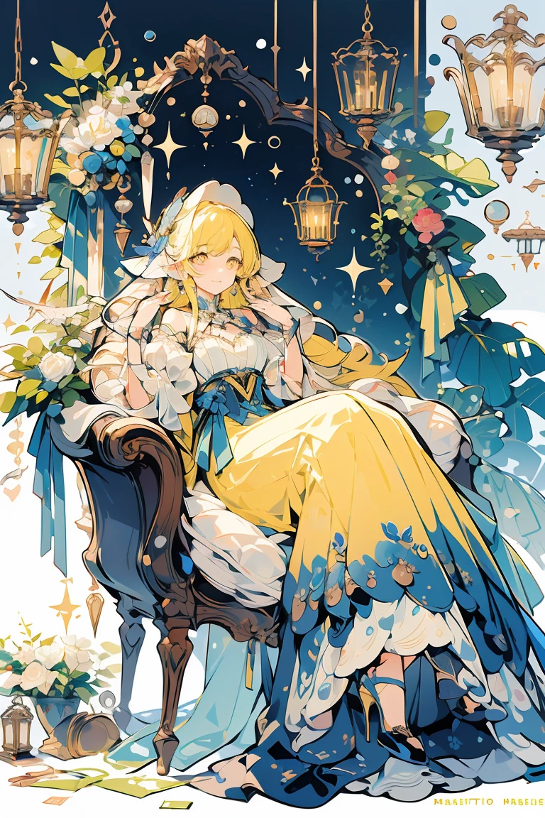 (masterpiece:1.2), best quality,PIXIV,fairy tale girl, 1 girl, yellow hair, yellow eyes, yellow dress, ta fashion, yellow theme