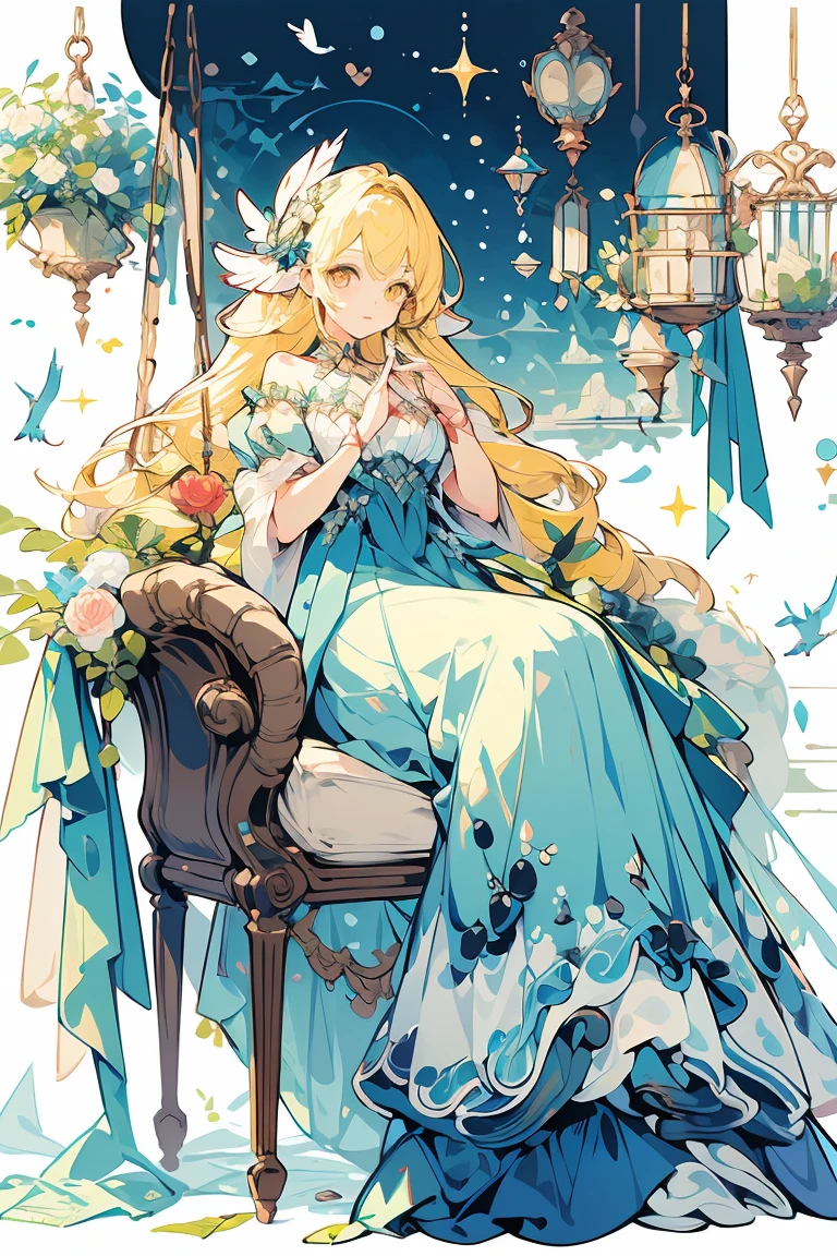 (masterpiece:1.2), best quality,PIXIV,fairy tale girl, 1 girl, yellow hair, yellow eyes, yellow dress, ta fashion, yellow theme