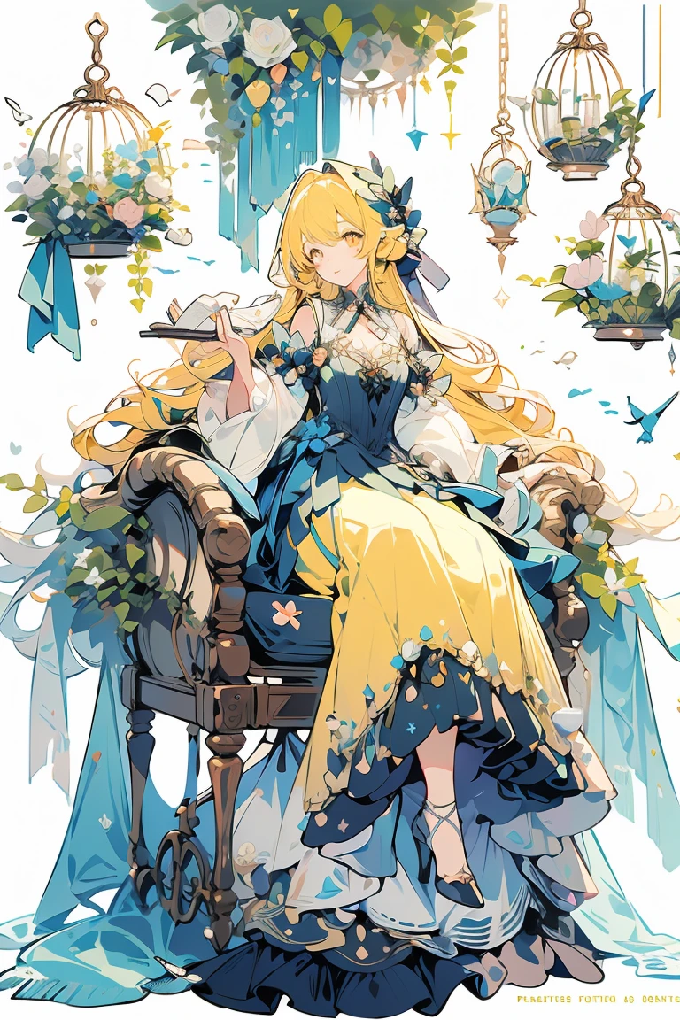 (masterpiece:1.2), best quality,PIXIV,fairy tale girl, 1 girl, yellow hair, yellow eyes, yellow dress, lolita fashion, yellow theme