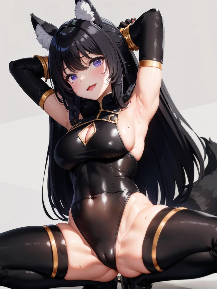 (best quality,highres,masterpiece:1.2),ultra-detailed, 1 girl, harmonious finger proportions, shiny skin, evil smile, girl, arms up, armpits, sweat, steam,arms behind head,squatting,serafuku,thick thigh,covered nipples, pleated skirt, delta, black hair, (wolf ears:1.2), (black bodysuit, cleavage cutout:1.2), gold trim, navel, black pants, black gloves, fur trim, tail