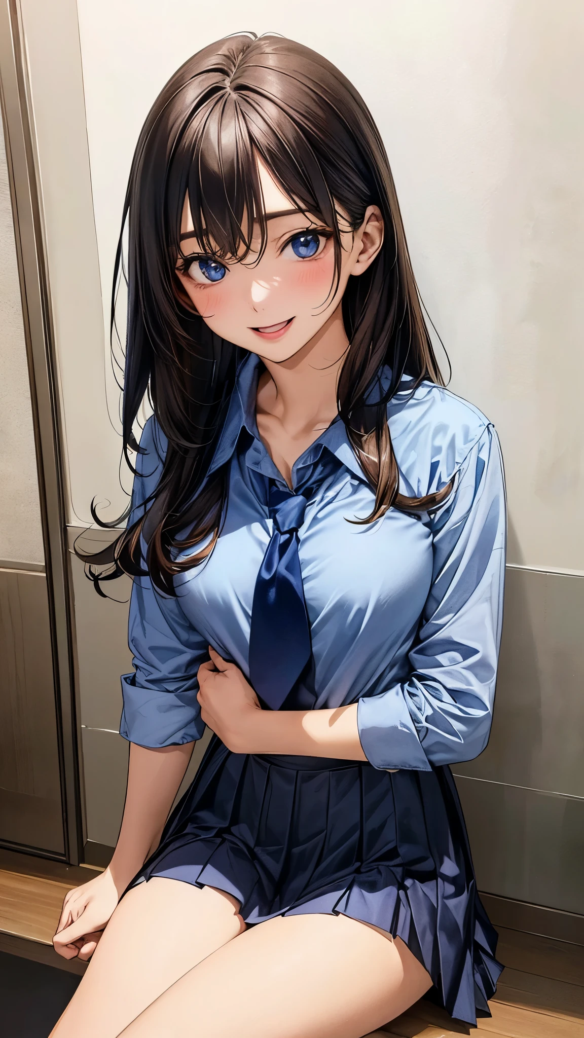 (masterpiece:1.2, top-quality), (realistic, photorealistic:1.4), beautiful illustration, (natural side lighting, movie lighting), ,
(looking at viewer), 1 girl, japanese, high school girl, perfect face, cute and symmetrical face, shiny skin,
(long hair:1.5, straight hair:1.7, bronze hair), hair between eyes, big eyes, blue eyes, drooping eyes, long eye lasher, (large breasts:0.6),
beautiful hair, beautiful face, beautiful detailed eyes, beautiful clavicle, beautiful body, beautiful chest, beautiful thighs, beautiful legs,
((symmetrical clothing, detailed cloth texture, light blue collared shirt, dark navy pleated skirt)), navy tie,
(beautiful scenery), evening, JJROOM, scenery,, sitting, hands on mouth, (lovely smile, upper eyes, open mouth),