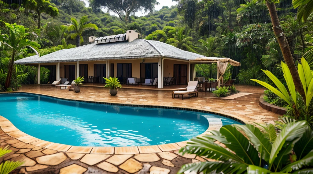 A luxury holiday home in the African jungle, beautiful scenery, giraffes in an enclosure, a swimming pool in front of the house, garden seats and a snack placed on the table. it's raining, tropical rain. birds outside