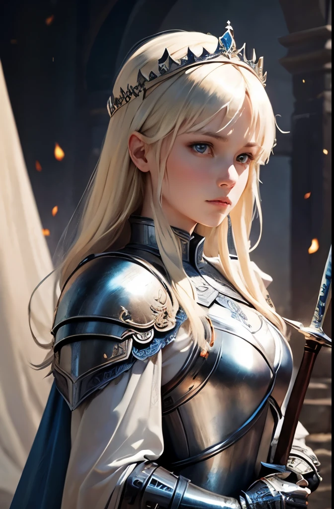 nordic female knight、Married woman、thin cloth、I can almost see the 、shoulder rest、tiara、blonde、blue eyes、detailed face、 Stepping on your feet、 Stick out your sword、 masterpiece、High quality、blurred background