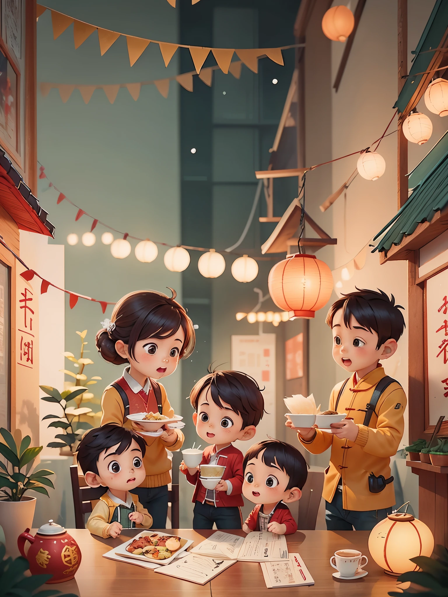 Family having New Year's Eve dinner,Men hold gifts in their hands to honor their parents, Happy, Delicious Chinese food on the table, Drinking tea and paper lanterns, Warm and joyful atmosphere, digital illustration, Illustration poster, child, , digital illustration , Chinese style, , exciting illustration,