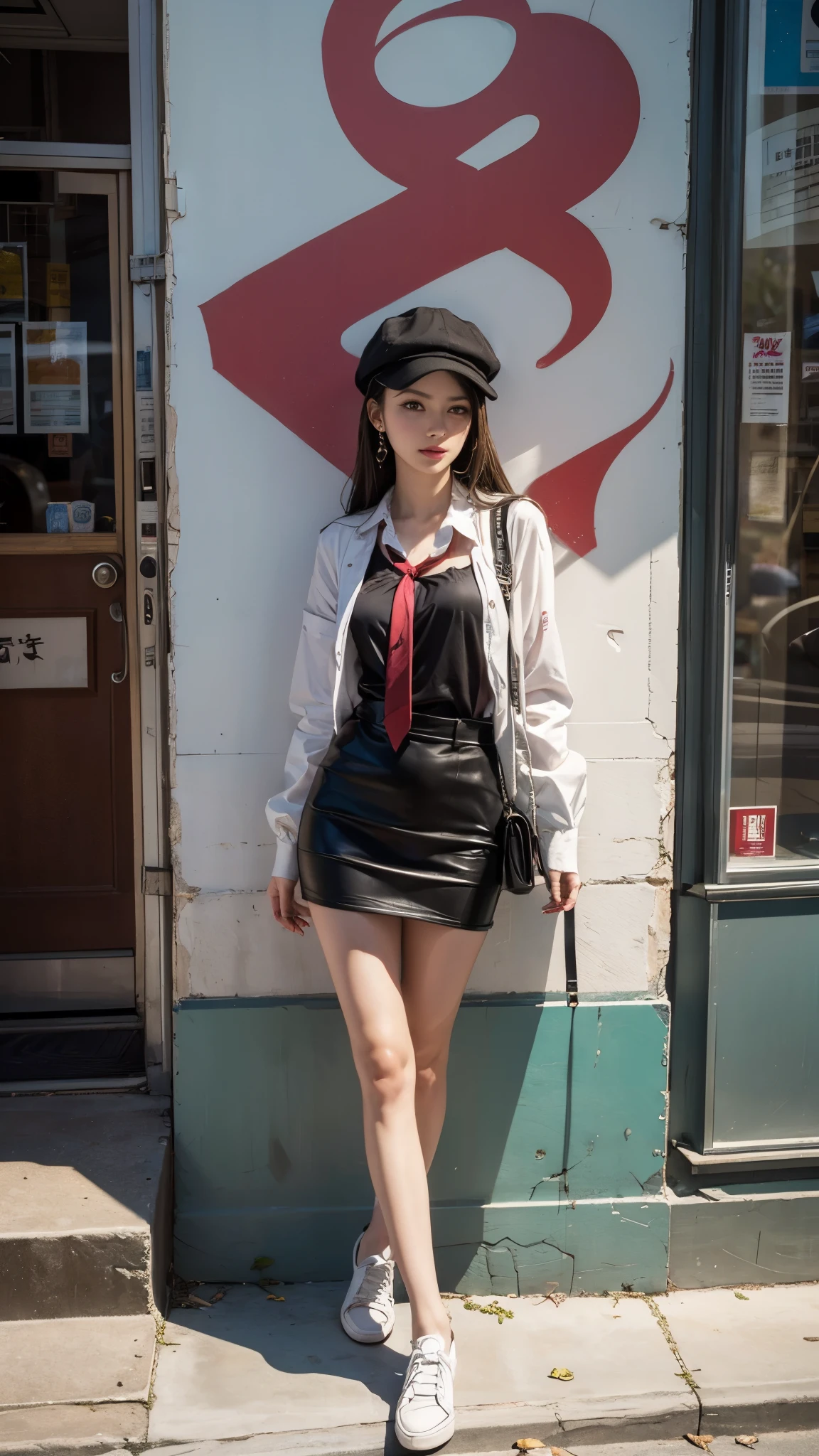 (背の高いモデル体型の美しい女性がwhole body真っ白なスーツをを着て立っている)、red tie、White hat、whole body、standing position、leaning against the wall and eating ice cream、Leaning against a high street wall with Mona Lisa graffiti painted on it.