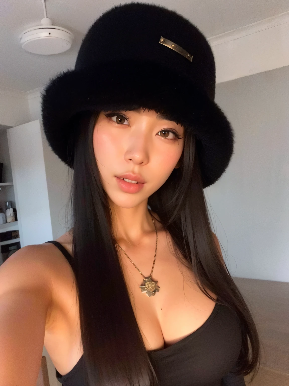 Arafed Asian woman with a black hat and a necklace., con sombrero, usando una gargantilla y un lindo sombrero, ella tiene el pelo negro con flequillo, pelo largo y negro con flequillo, bella poarch, cerveza madison, con gorro negro en la cabeza, flequillo negro, 18 years, gemma chen, xisionwu, con flequillo completo, asian girl, basia tran