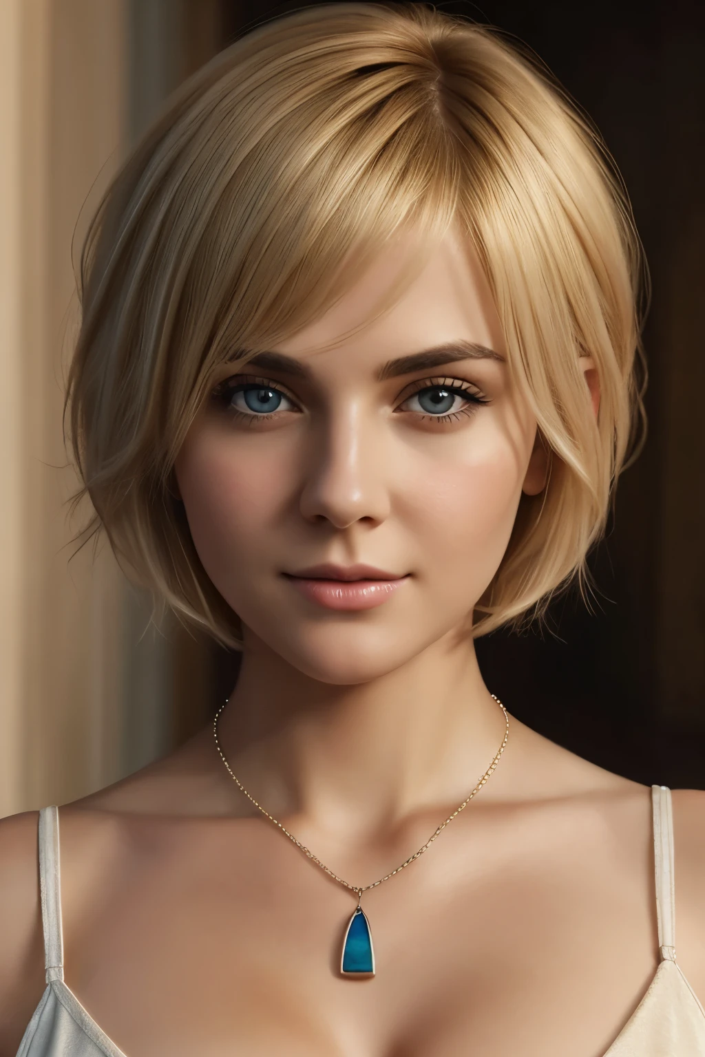 Woman with short bob hair and necklace, Soft portrait shots, 8k, attractive beautiful face, attractive woman face, gorgeous and attractive face, realistic beautiful face, beautiful blonde girl, blonde and attractive features, very beautiful face, ultra realistic digital painting, blonde hair and big eyes, detailed beauty portrait, cleavage