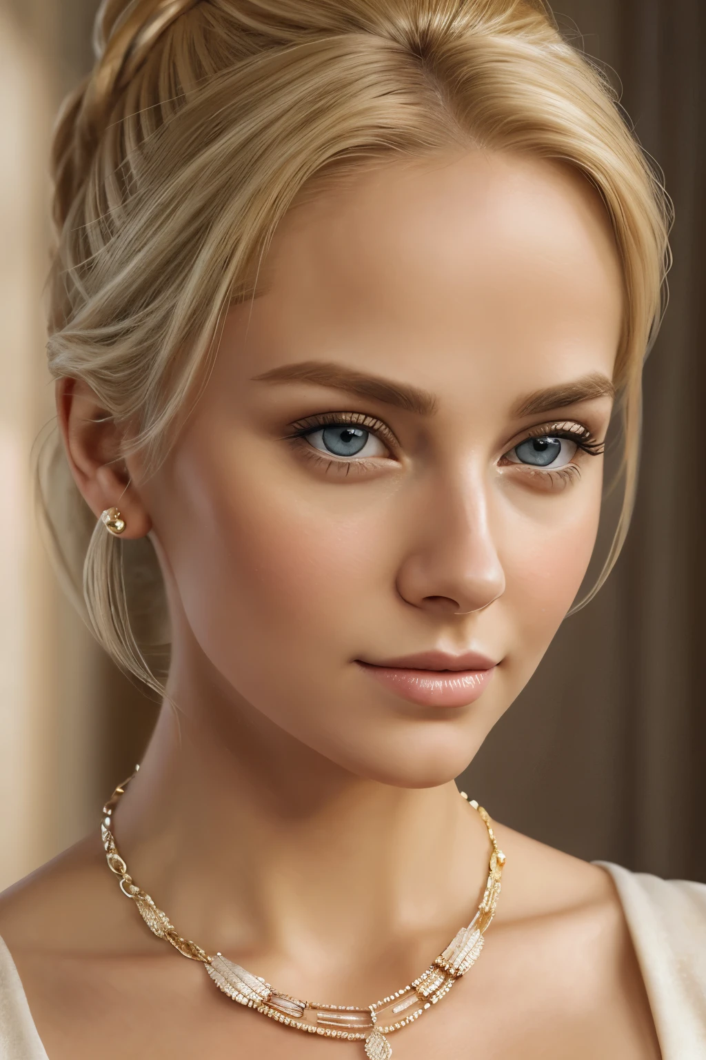 A woman with her blonde hair up, necklace, Soft portrait shots, 8k, attractive beautiful face, view audience, attractive woman face, gorgeous and attractive face, realistic beautiful face, beautiful blonde girl, blonde and attractive features, very beautiful face, ultra realistic digital painting, blonde hair and big eyes, detailed beauty portrait, cleavage