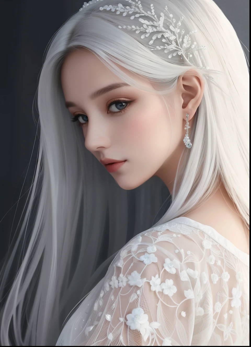 uma mulher com cabelos brancos e olhos azuis usando uma tia,  com cabelo branco, perfect cabelos brancos girl, cabelo longo branco detalhado, cabelos brancos, Estilo de arte fantasia, lindo cabelo branco, flowing white hair, cabelos brancos lady, Arte detalhada de alta qualidade 8k, de cabelos brancos, beautiful elven princess, com longos cabelos brancos, lindo retrato de arte de fantasia