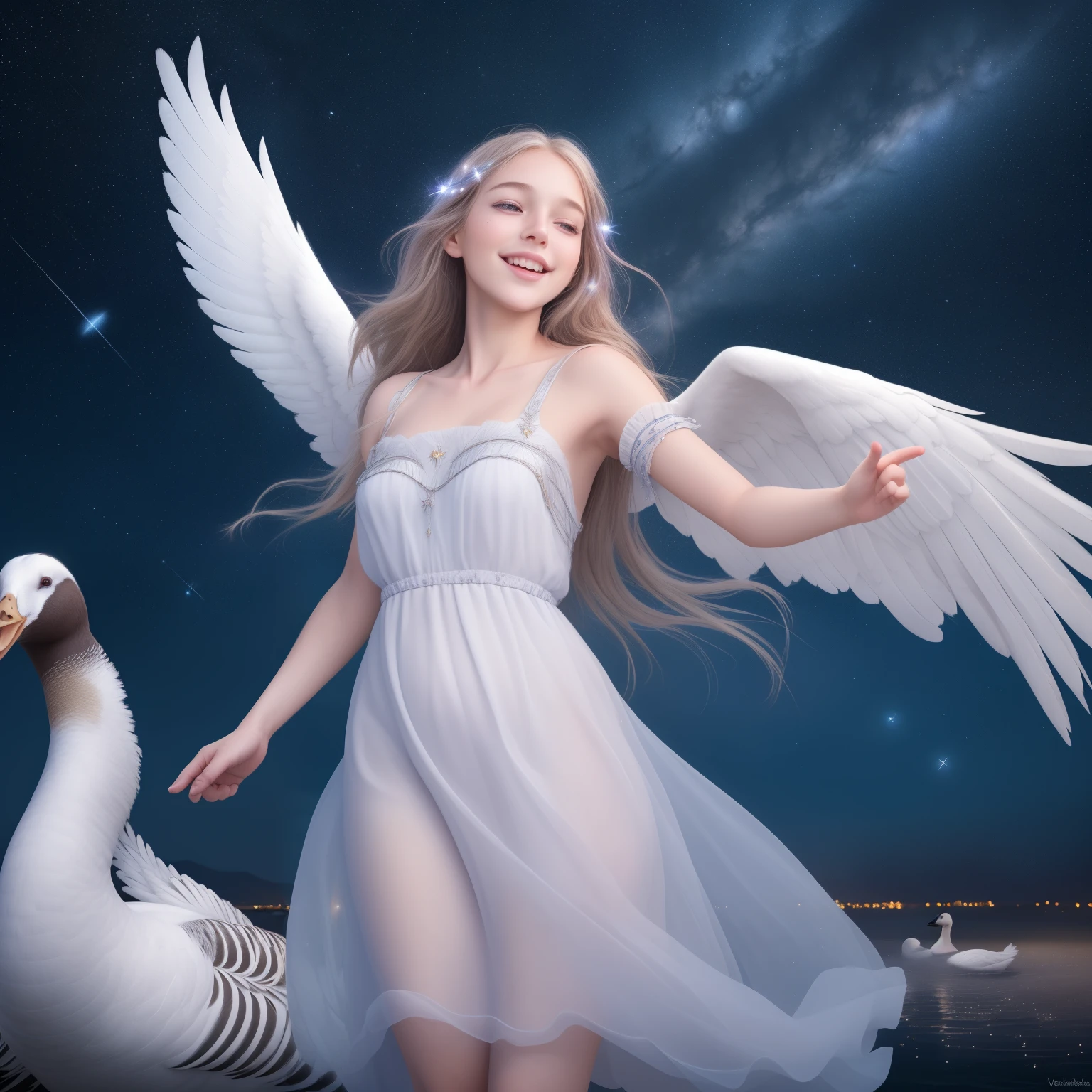 (best quality,4k,8k,highres,masterpiece:1.2),ultra-detailed,(realistic,photorealistic,photo-realistic:1.37),a girl,a goose,a starry night sky,beautiful detailed eyes,beautiful detailed lips,extremely detailed eyes and face,longeyelashes,flying through the night sky,graceful movements,soft feathers,golden starlight reflecting on the feathers,fluffy white clouds surrounding them,sparkling stars illuminating the sky,peaceful and serene atmosphere,warm moonlight casting a gentle glow,creating a magical ambiance,happy and playful expression,joyful laughter,freedom and adventure,whimsical and dreamlike,the girl wearing a dress with flowing fabric,the goose with a majestic wingspan,night breeze gently caressing their hair and feathers,glowing constellations forming patterns in the sky,enchanting and surreal scenery,mystical bond between the girl and the goose,exploring the vastness of the universe,escaping into a world of imagination and wonder,portraits,landscape,vivid colors,soft and pastel tones,dreamy and ethereal lighting.
