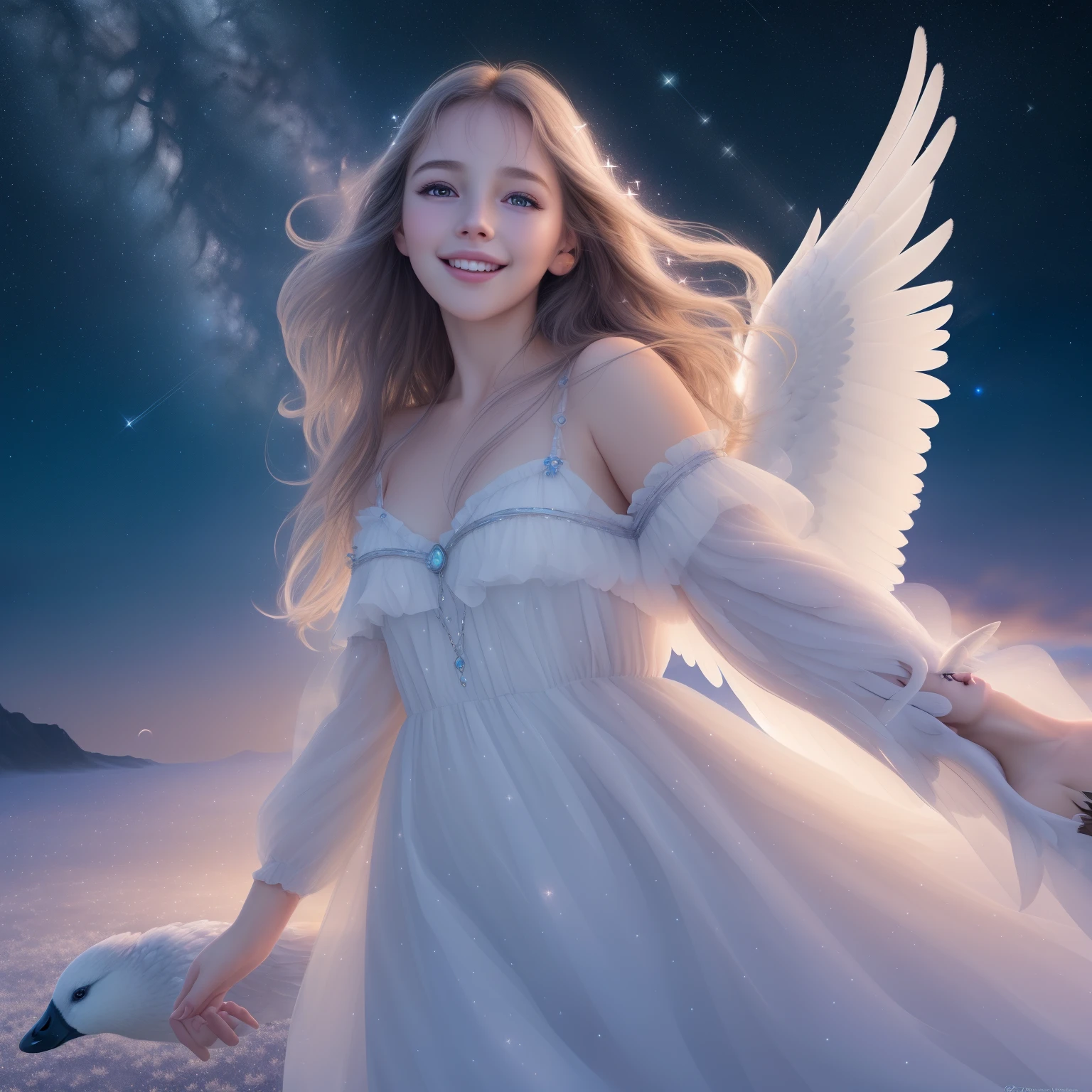 (best quality,4k,8k,highres,masterpiece:1.2),ultra-detailed,(realistic,photorealistic,photo-realistic:1.37),a girl,a goose,a starry night sky,beautiful detailed eyes,beautiful detailed lips,extremely detailed eyes and face,longeyelashes,flying through the night sky,graceful movements,soft feathers,golden starlight reflecting on the feathers,fluffy white clouds surrounding them,sparkling stars illuminating the sky,peaceful and serene atmosphere,warm moonlight casting a gentle glow,creating a magical ambiance,happy and playful expression,joyful laughter,freedom and adventure,whimsical and dreamlike,the girl wearing a dress with flowing fabric,the goose with a majestic wingspan,night breeze gently caressing their hair and feathers,glowing constellations forming patterns in the sky,enchanting and surreal scenery,mystical bond between the girl and the goose,exploring the vastness of the universe,escaping into a world of imagination and wonder,portraits,landscape,vivid colors,soft and pastel tones,dreamy and ethereal lighting.