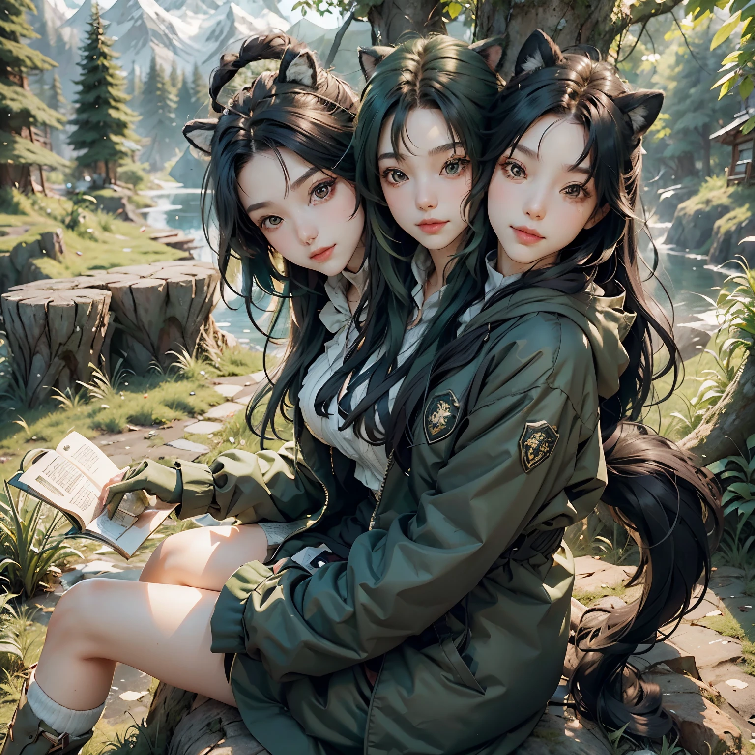masterpiece, best quality,, 1girl, sitting, animal, animal ears, bird, black_hair, book, bookmark, branch, gloves, grass, green hair, holding, holding book, hood, hood down, leaf, looking at viewer, multicolored hair, open_book, partially fingerless gloves, pen, plant, pouch, quill, reading, sitting, smile, solo, tail, tree, tree stump,, sky, sun, mountain, forest, lake, (two heads)