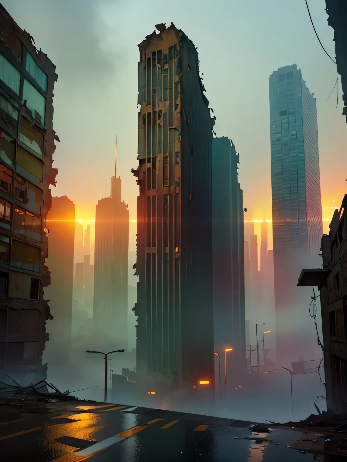 cyberpunk dystopian dark city during a military conflict, war, wasteland, destroyed buildings, dark cloudy weather