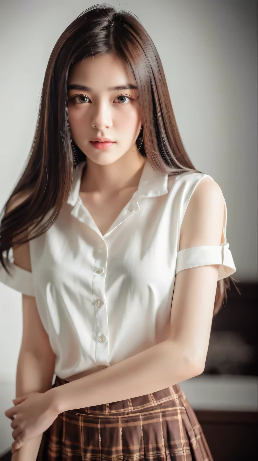 best quality, masterpiece, ultra high resolution, (realistic:1.5), RAW photos, detailed skin, 1 woman, perfect body, white cotton shirt, (( office background:1.2)) , long hair ( White Theme :0.9)