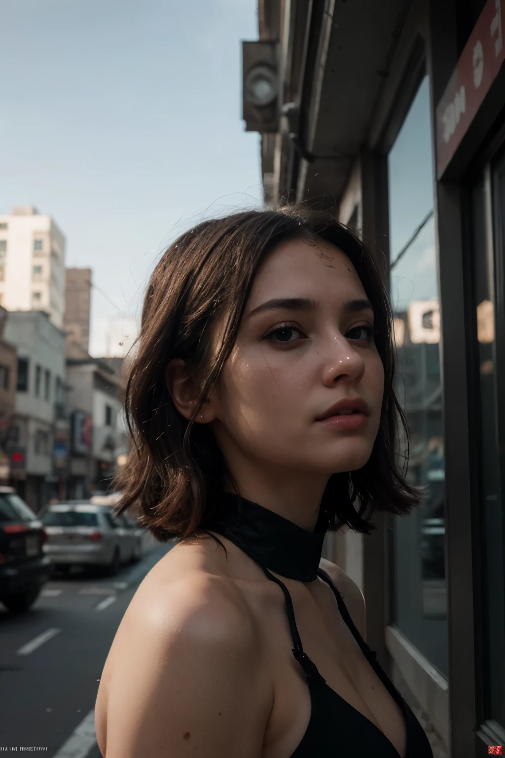 ((best quality)), ((masterpiece)), (detailed), highquality, perfect face, anime, cyberpunk, full view, looking away, sad, small face, cyberpunk, apocalyptic background, 3D, raytracing, dust