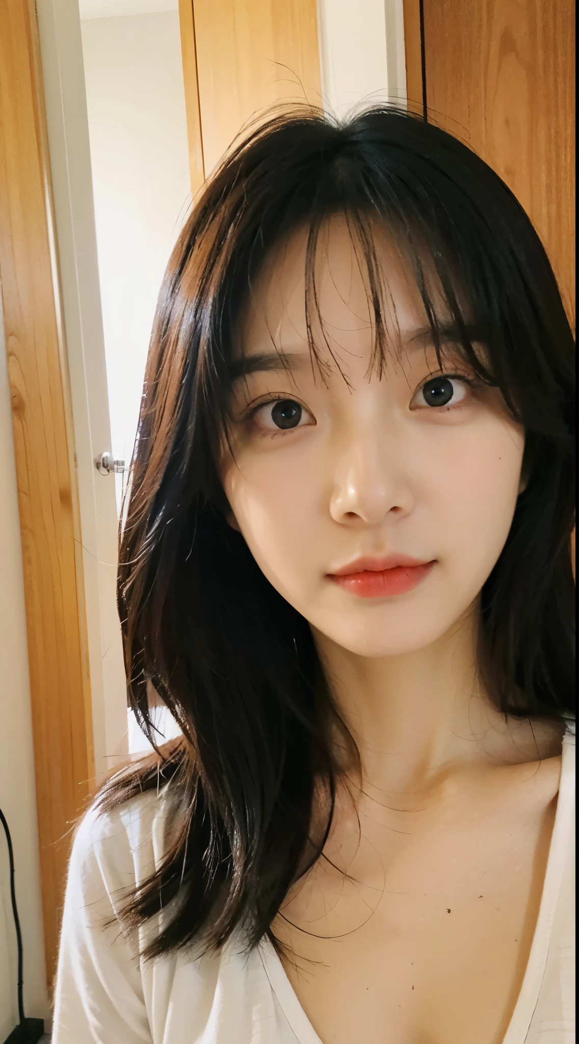 Girl Looking At Camera、cute like a korean idol、no makeup、No makeup、Take a selfie with your phone、close up of face