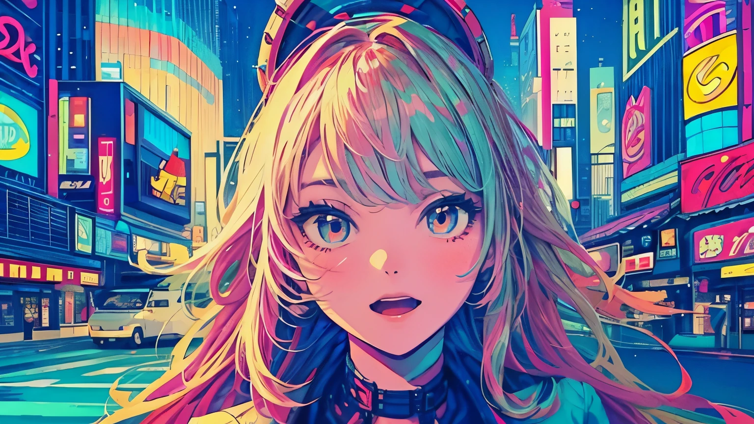 best quality, 4K wallpaper, masterpiece, extremely detailed CG unity 8k wallpaper, extremely detailed eyes, ultra-detailed, intricate details, face close up 1 happy girl in center, "no hand" retro art style, neon_pop art style, public, outdoors, road sign, city, people