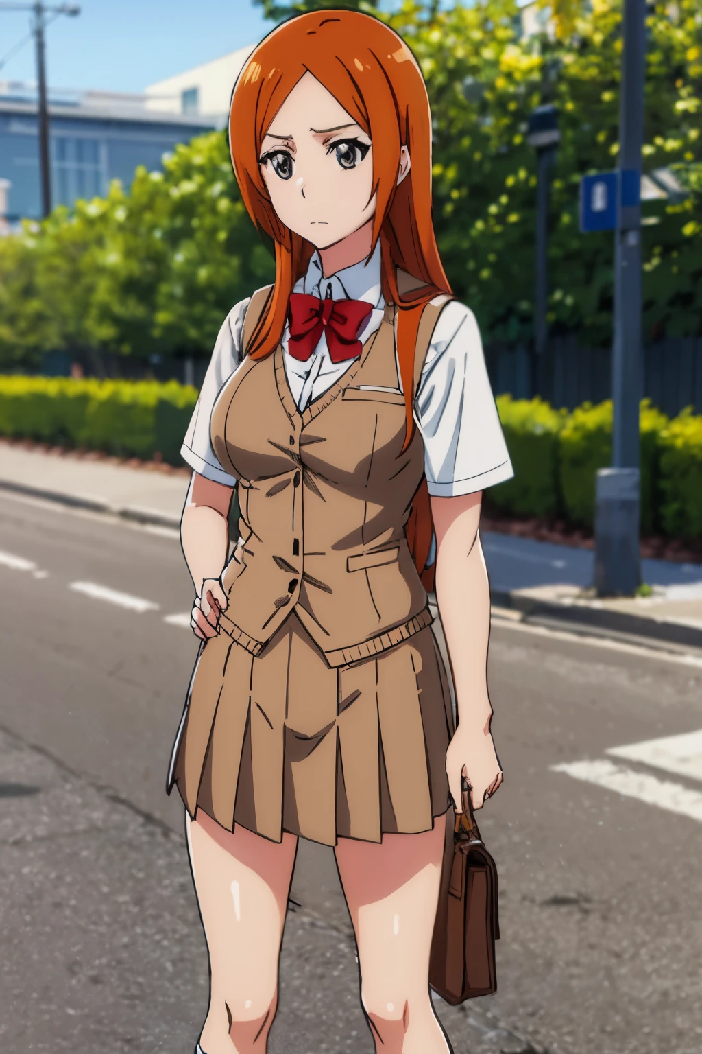 1girl, solo, outdoors, loafers, hairpin, inoue orihime, orange hair, long hair, grey eyes, large breasts, school uniform, pleated skirt, short sleeves, white socks, red bow, closed mouth, full body, cowboy shot, style parody, artbook, arms at sides, looking at another, skirt, sweater vest, bow, breasts, brown hair, bowtie, red hair, standing, grass, miniskirt, solo focus, parody, bag, nature, vest, tree,sfw 