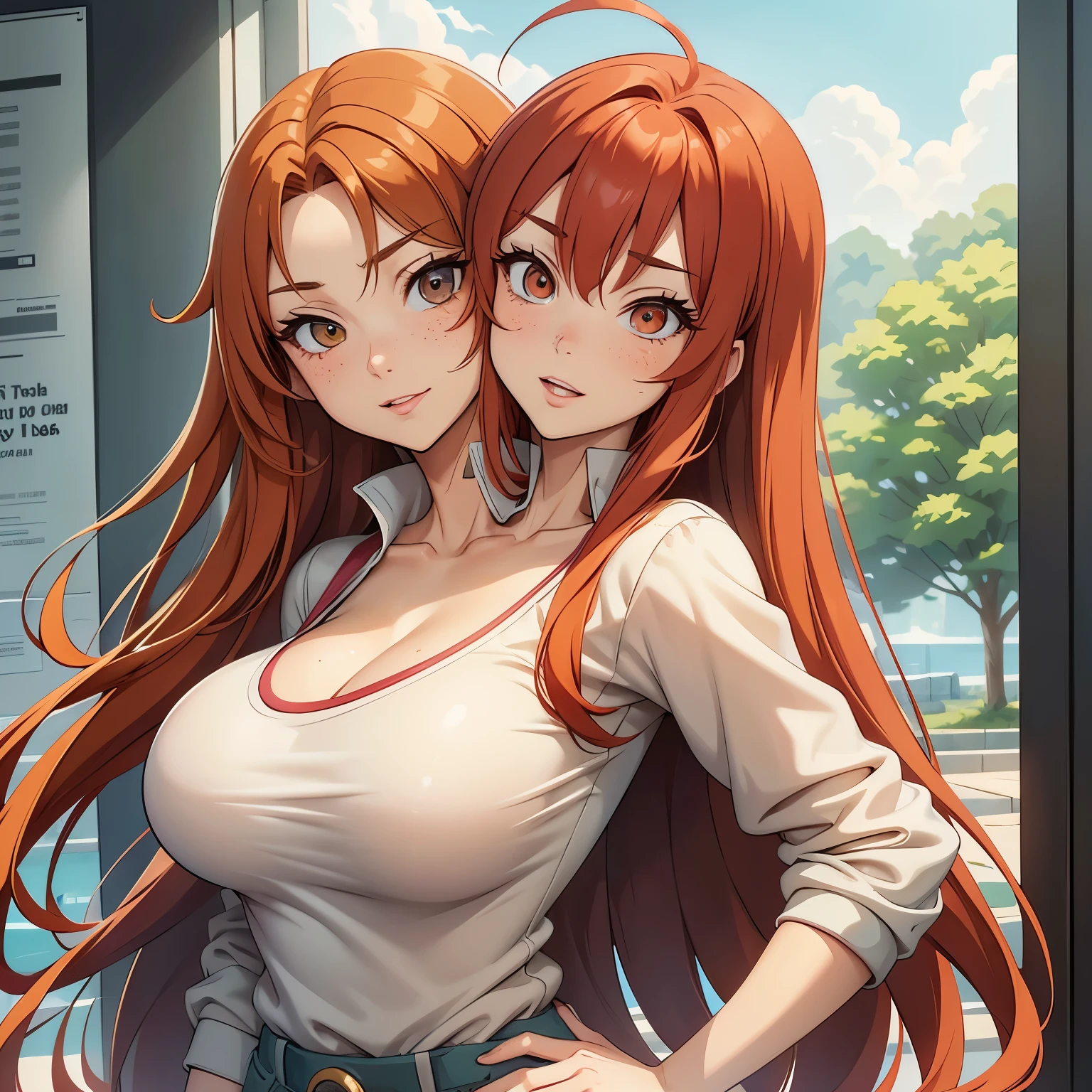 masterpiece, best quality, {best quality}, {{masterpiece}}, {highres}, focus, anime style, a closeup of a cartoon of a woman, girl design, portrait, giesha, anime image, long hair, red hair, redhead, straight eyes, polished and powerful look, exotic, tall, freckles, cheerful, casual chic clothing, colorful, colors, (two heads)