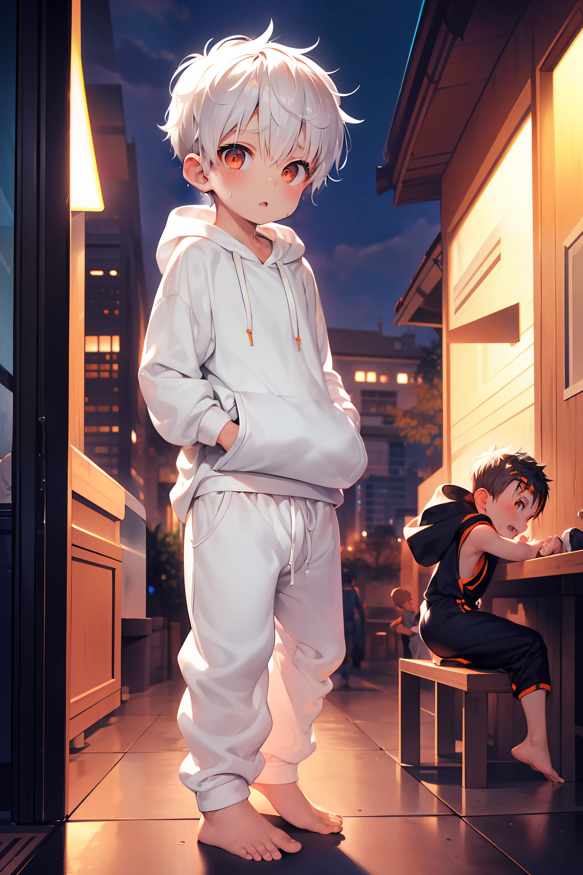 2  boys with White hair and shiny orange eyes and barefoot and small feet wearing a oversized hoodie and sweatpants sitting on a window ledge, blushing, drooling, young, boy, child,l, toddler, ti feet, (sweatpants:1.4), (young:1.4), (child:1.4), (shota:1.4), (hoodie:1.4), (night:1.6)