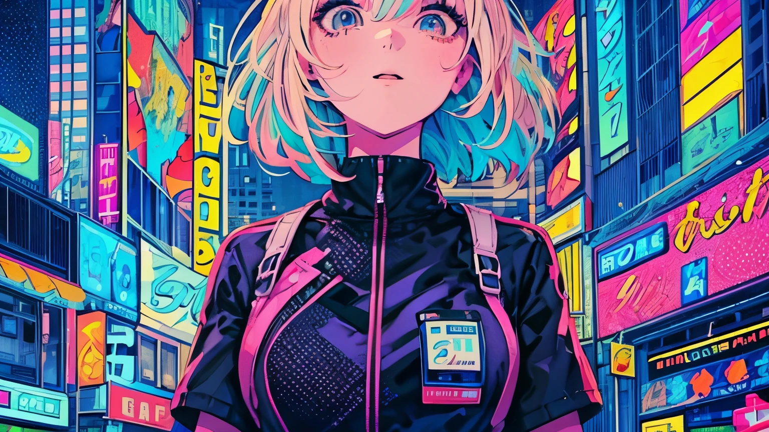 best quality, 4K wallpaper, masterpiece, extremely detailed CG unity 8k wallpaper, extremely detailed eyes, ultra-detailed, intricate details, face close up 1 happy girl in center, "no hand" retro art style, neon_pop art style, public, outdoors, road sign, city, people