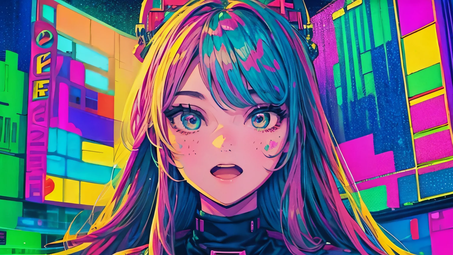 best quality, 4K wallpaper, masterpiece, extremely detailed CG unity 8k wallpaper, extremely detailed eyes, ultra-detailed, intricate details, face close up 1 happy girl in center, "no hand" retro art style, neon_pop art style, public, outdoors, road sign, city, people