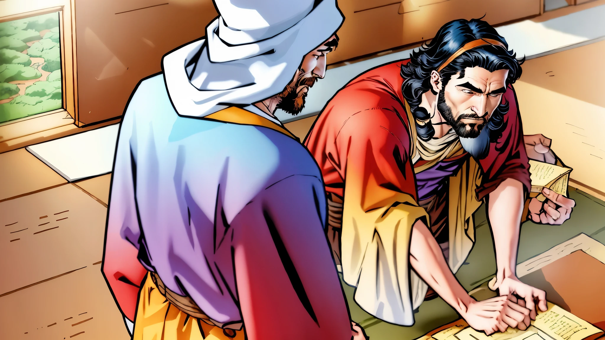 desenho animado, of a bearded man sitting on the floor writing a letter, There's a man standing, biblical style, estilo antigo, melhor qualidade, high resolution, arte digital, marvel style comic book.