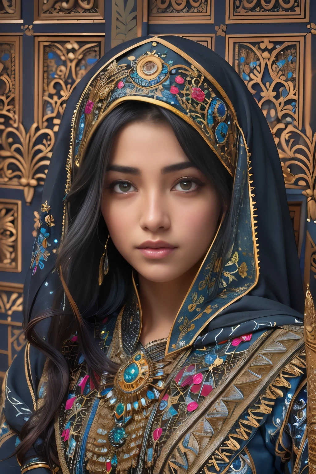 portrait, One exotic teenage Saudi Arabian girl, who has the most beautiful face in the world, (18 years old:1.3), stands in the grand hall of the Arabian palace, her hand casually resting on her slender waist. Her intricately designed gauntlets glint in the dim light, adorned with intricate and beautiful patterns. The garment covering her body is a complex and colorful biomechanical bodysuit, a testament to the advanced technology of her kingdom. Her slim and toned physique is accented by the fit of the suit, her moist skin appearing fresh and high freshness. Dark, thick eyebrows frame her beautiful, big purple eyes, which sparkle with an ecstatic expression. (jet black hair:1.5) Her ultra-detailed eyes, intricate artwork, ultra realistic realism, high resolution, High freshness, drawing faithfully, official art, Unity 8K Wall paper, ultra detailed artistic photography, grabbing on her breasts by herself, (the most erotic photo in the world:1.4), ecstatic expression, (Climax expression during intercourse:1.5)