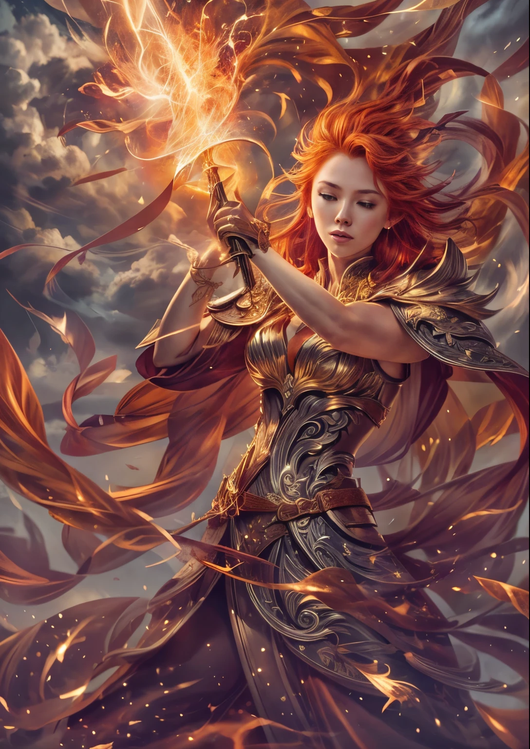 A beautiful and sexy 25-year-old woman stands on a large lotus flower，Holding a shiny sword in his hand，barefoot，The whole body is full of fire, The exposed skin all over the body is burning violently, glowing embers, flowing red hair, Beautiful flesh，sparks flying，crown,The sky is filled with dark clouds and lightning，Many lightning bolts，The head background is illuminated by a transparent round light，bright lightning streaks，天空中有Many lightning bolts， Fibonacci, golden ratio,like, enthusiasm, Very detailed, 8k, masterpiece, art station, Surrealism