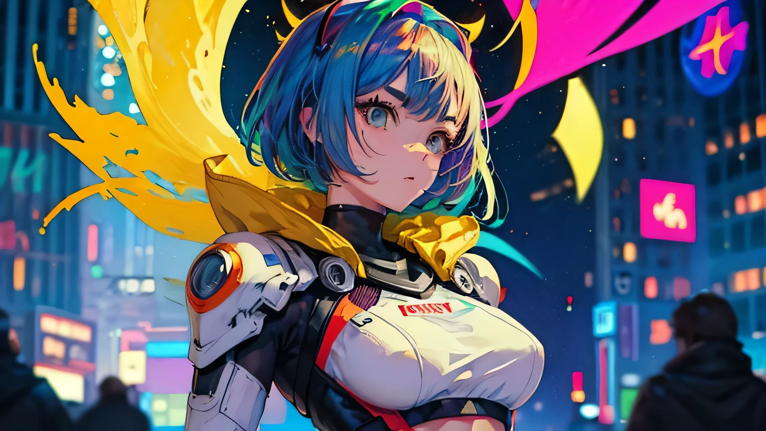 4K, A high resolution, Best quality at best, masterpiece, perfect colors, perfect shadow, perfect litthing, ((sportrait)), 1woman, fit-muscled body, bright yellow eyes,dark blue hair , blue eyes, With round lenses, The audience watched carefully, (s face: 1.2), Perfect female figure, ((standing)), ((yellow Tight crop top leather suit)), ((shy and looking at viewert)), (Perfect thick white eyebrows) Delicate fur, 详细s face, s the perfect face, At a fantasy cyberpunk city , (model pose standing), energetic background, perfect city skyscape, lighting atmosphere, ((Bonifasko lighting)), (The round lenses on his eyes)(詳細な目), Perfect student, face close up