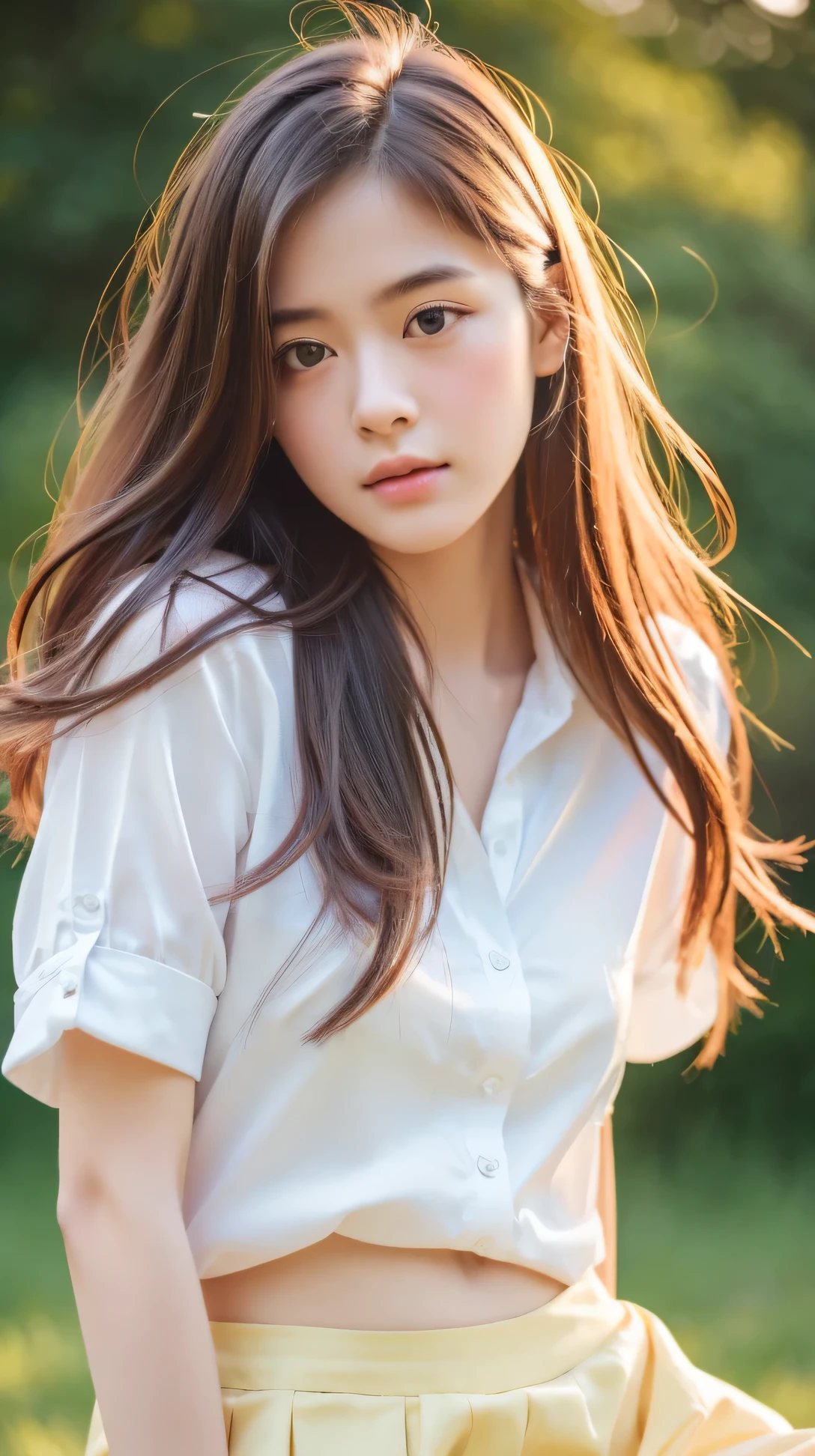 (masterpiece, highest quality, RAW photo, realistic:1.2), 1 girl, look away, sad, beautiful girl, cute, delicate girl, medium hair, written boundary depth, High resolution, Super detailed, detailed, 非常にdetailedな目と顔, realistic student, sharp focus, cinematic lighting, Upper body, silk shirt, skirt,