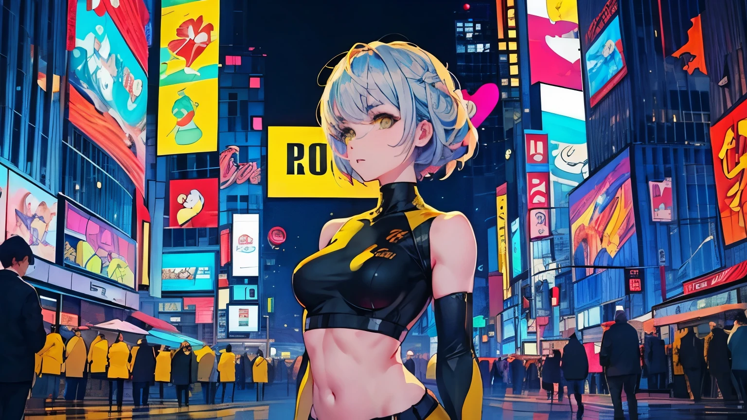 4K, A high resolution, Best quality at best, masterpiece, perfect colors, perfect shadow, perfect litthing, ((sportrait)), 1woman, fit-muscled body, bright yellow eyes，dark blue hair , blue eyes, With round lenses, The audience watched carefully, (s face: 1.2), Perfect female figure, ((standing)), ((yellow Tight crop top leather suit)), ((shy and looking at viewert)), (Perfect thick white eyebrows) Delicate fur, 详细s face, s the perfect face, At a fantasy cyberpunk city , (model pose standing), energetic background, perfect city skyscape, lighting atmosphere, ((Bonifasko lighting)), (The round lenses on his eyes)(詳細な目), Perfect student, face close up