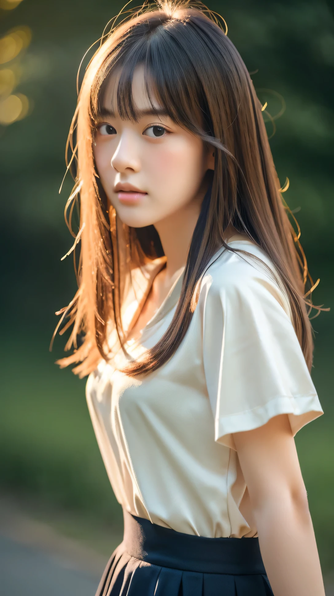 (masterpiece, highest quality, RAW photo, realistic:1.2), 1 girl, look away, sad, beautiful girl, cute, delicate girl, medium hair, written boundary depth, High resolution, Super detailed, detailed, 非常にdetailedな目と顔, realistic student, sharp focus, cinematic lighting, Upper body, silk shirt, skirt,