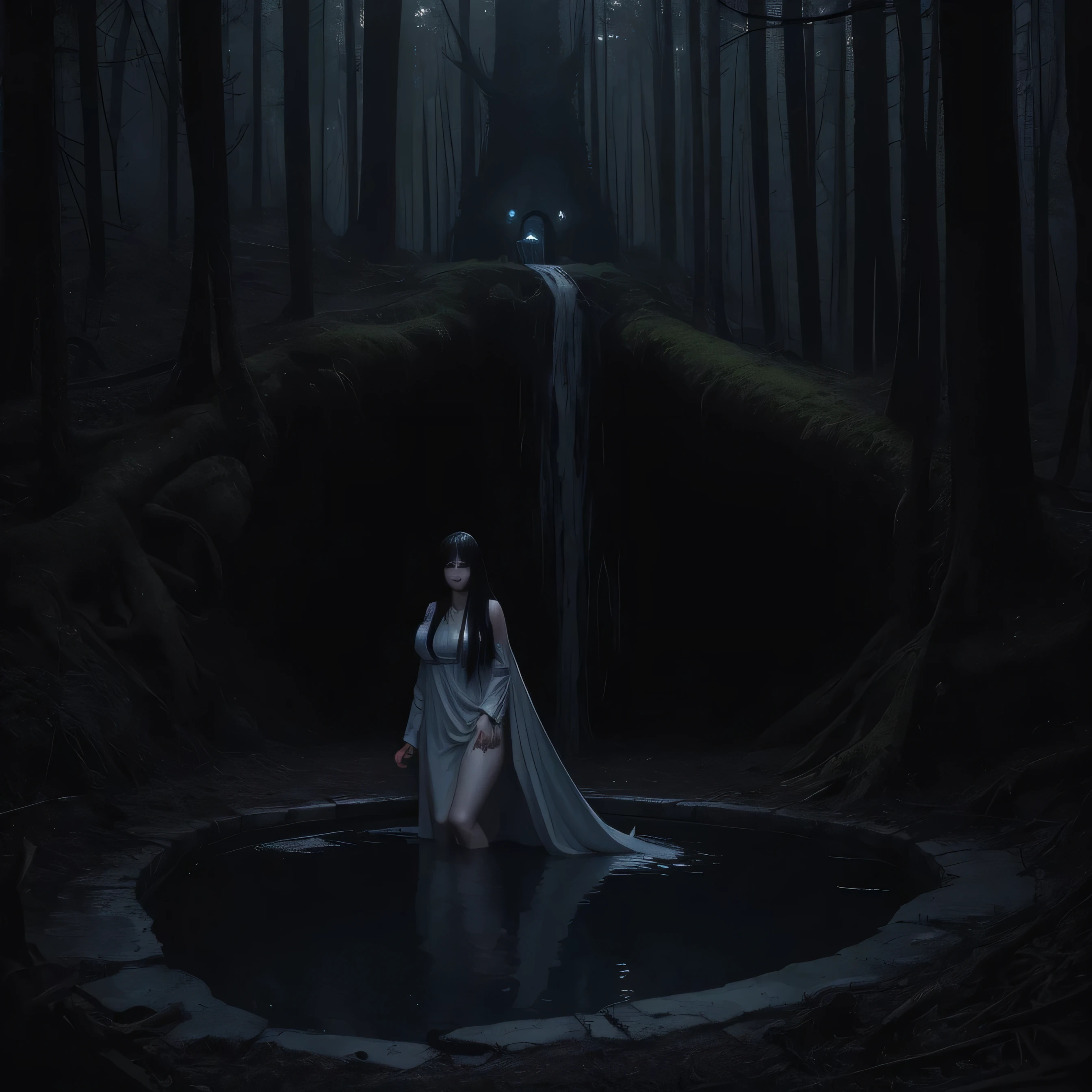 masterpiece, best-quality, realistic, detailed, dramatic light, horror art, gore, 1girl, Sadako, very long black hair, chubby body, huge large breasts, rotten gray-blue skin, wearing a white dress, coming out of a well, a haunted forest as background, naked with breasts on display, deep sex, nsfw