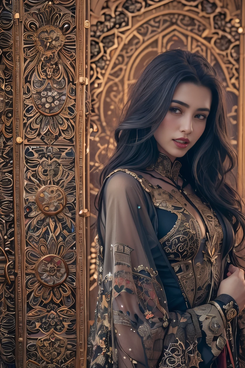 (full shot, full body), <lora:difConsistency_photo:0.6> 1girl, woman, looking at viewer, solo, (full body:0.5), detailed background, detailed face, (<lora:1001ArabianNightsV3:0.5>, 1001ArabianNights theme:1.1), monk, dynamic pose, fighting stance, clenched fist, hitting, wristwraps, colorful martial arts themed clothes, monk robes, bamboo forest in background, swirling floating particles, depth of field, dynamic composition, epic eastern medieval atmosphere, BREAK ((photorealistic), realistic face, medium breasts), beautifully detailed woman, detailed mouth, extremely detailed eyes_and_face, beautiful attractive face, beautiful detailed eyes, pronounced feminine feature, skin pores, eyeliner, perfect body, smooth skin BREAK color HD photo, pinhole camera, (full body, high quality photo, masterpiece), HDR, 8K resolution, analogue RAW DSLR, best quality, absurdres, vivid vibrant colors, skin pores, intricate detail, (intricately detailed face_and_eyes), realistic human hands, sophisticated detail, (realistic lighting, sharp focus), centerfold, bokeh, official art, 8k wallpaper, ultra high res, professional photography, (photorealistic) kkw-ph1