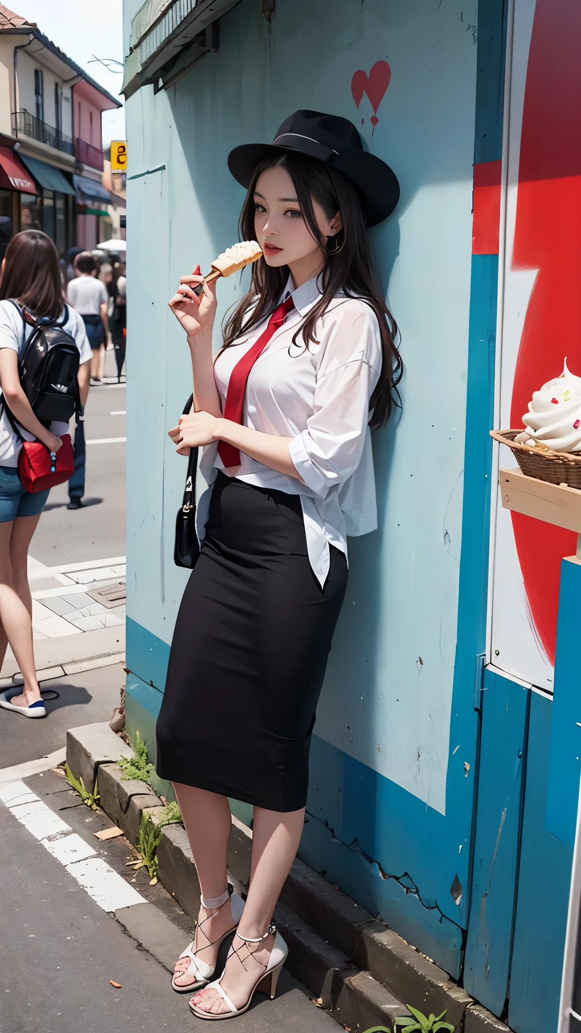 (背の高いモデル体型の美しい女性がwhole body真っ白なスーツをを着て立っている)、red tie、White hat、whole body、standing position、leaning against the wall and eating ice cream、Leaning against a high street wall with Mona Lisa graffiti painted on it.
