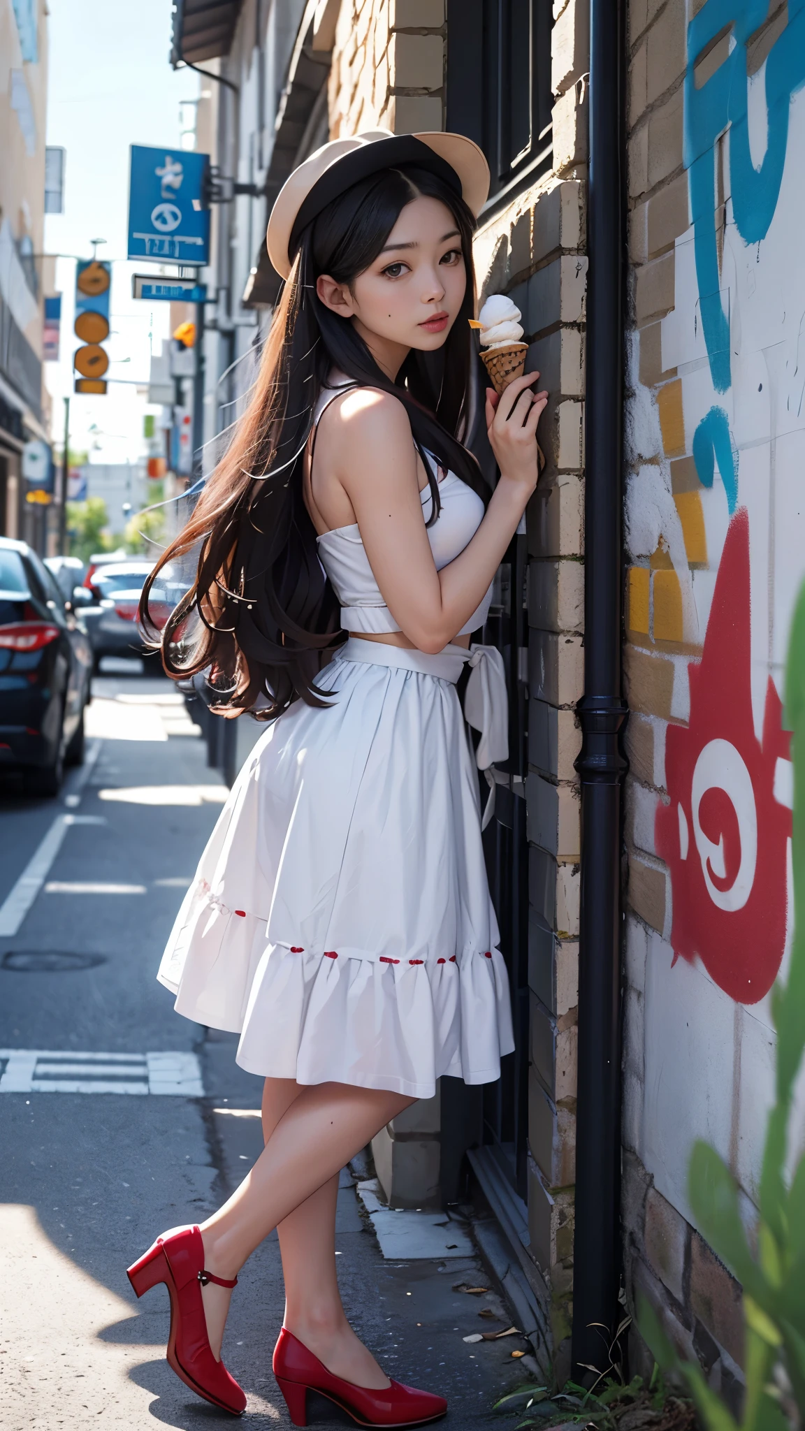 (背の高いモデル体型の美しい女性がwhole body真っ白なスーツをを着て立っている)、red tie、White hat、whole body、standing position、leaning against the wall and eating ice cream、Leaning against a high street wall with Mona Lisa graffiti painted on it.