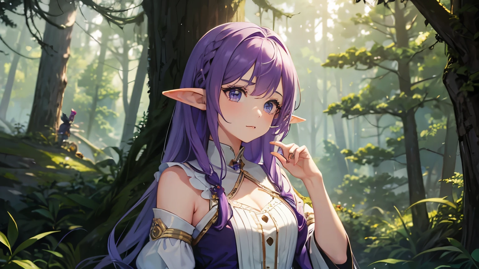 1girl, elf, purple hair, forest background, looking at viewer, masterpiece, realistic