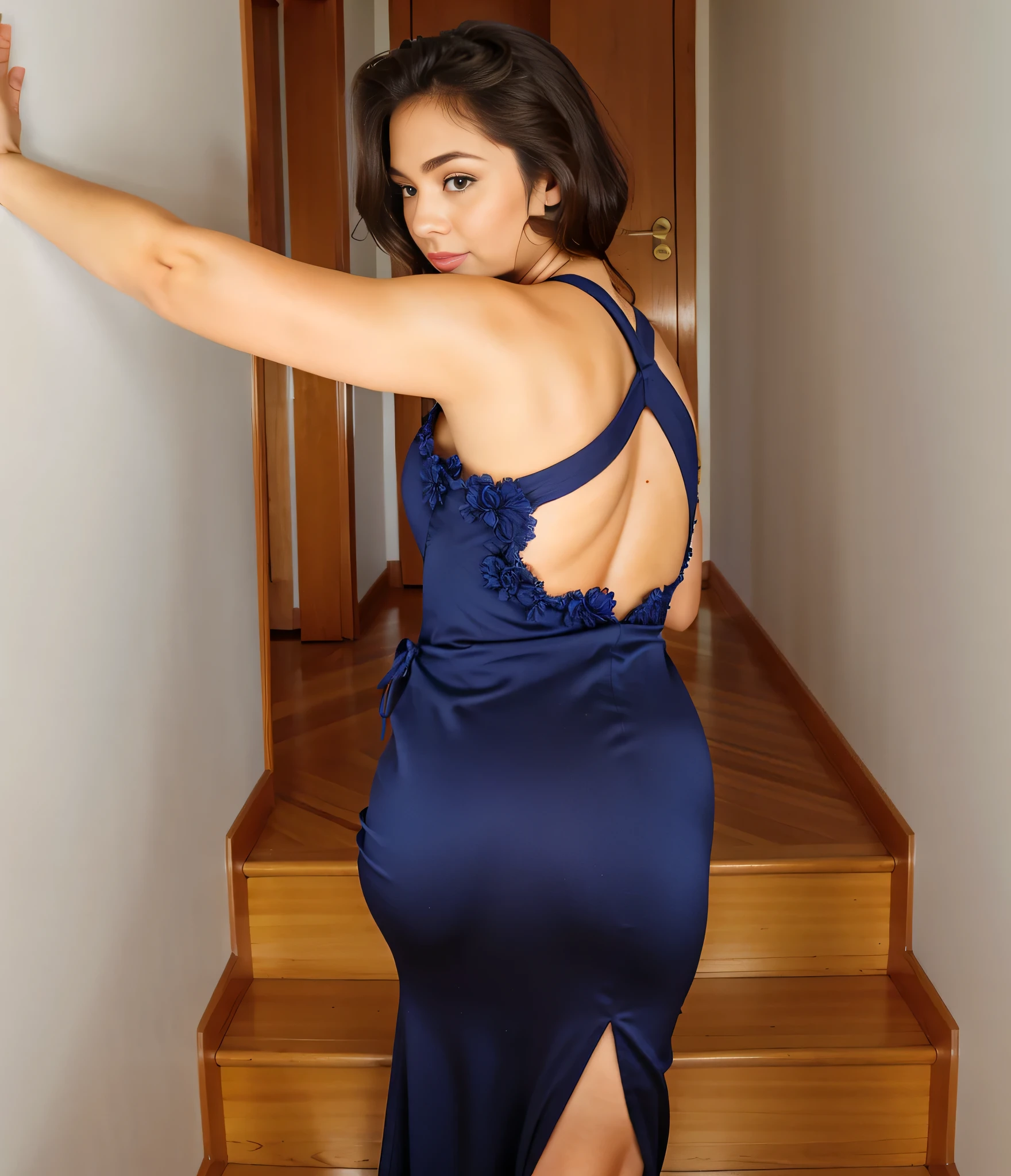 there is a woman in a dark blue dress standing on a flight of stairs, vista traseira, photo taken from behind, usando vestido azul, seen from back, vestido aberto, vista traseira, Tiro lateral, usando um vestido azul, vista traseira, tiro de volta, de volta - tiro, de vestido azul, photo from behind, vista traseira, fotografado de costas