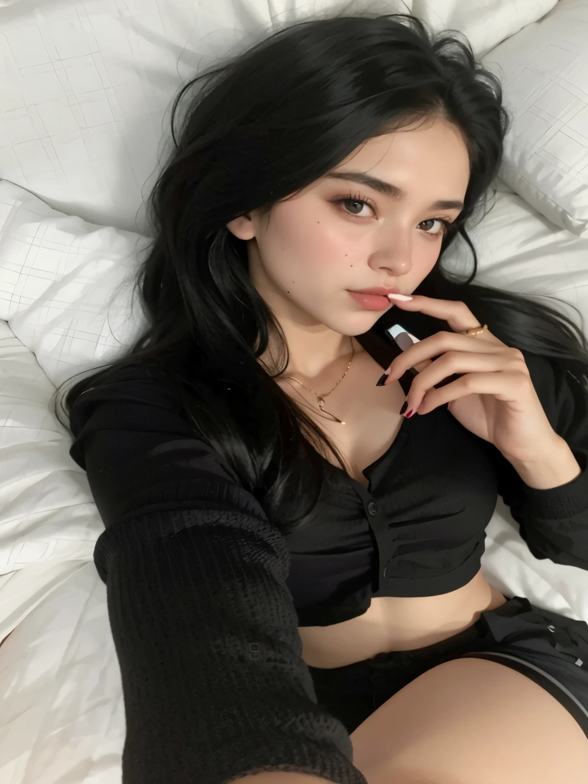 Arafed woman wearing black top and shorts sitting on bed talking on cell phone, 18 years, 2 4 year old female model, Kailee Mandel, 19 year old girl, violeta myers, 1 8 son, , pale and light skin!!, 🤤 girl portrait, sentado en la cama, mirada sexy