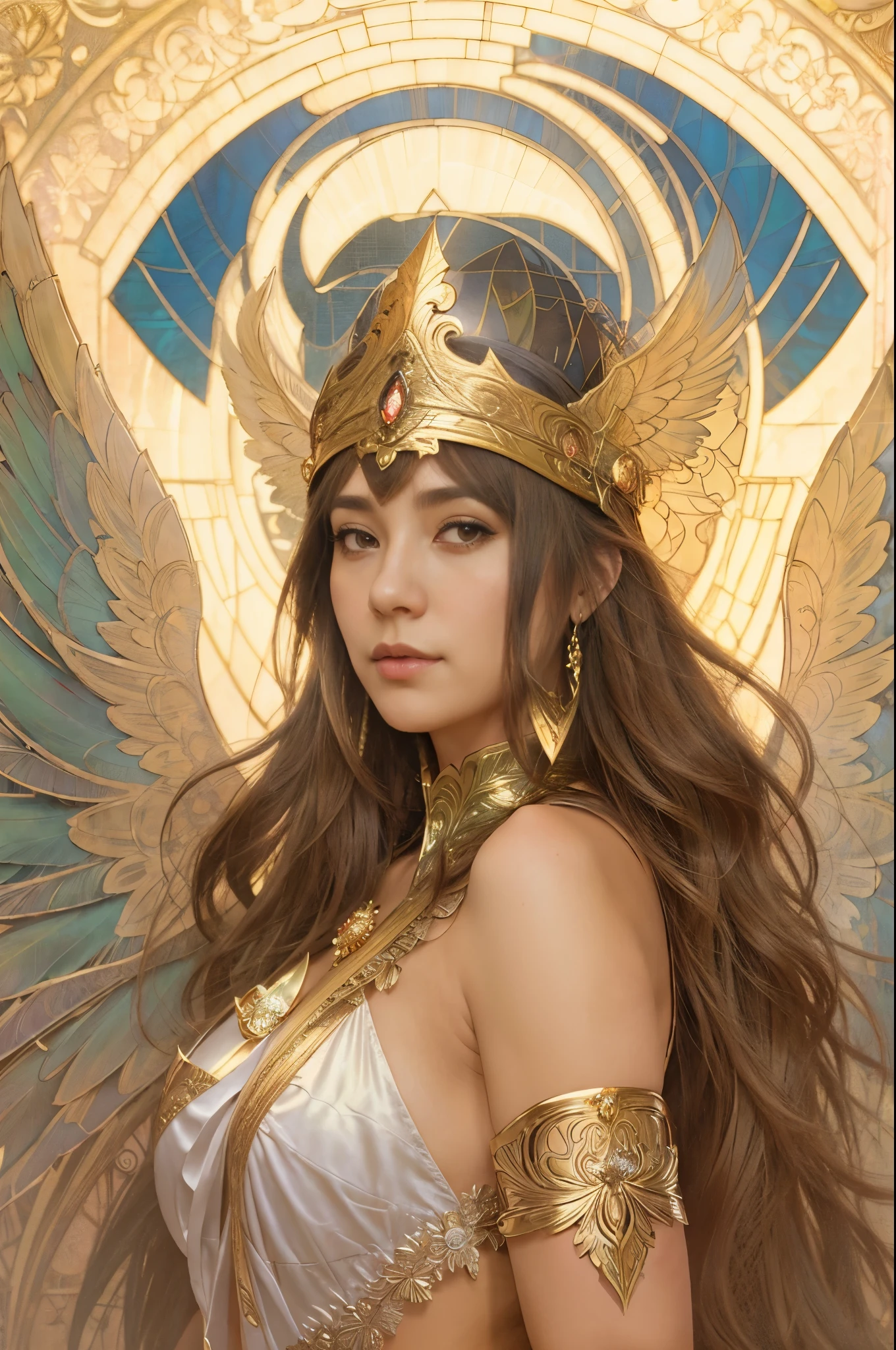 a real woman with a crown and wings on her head, artgerm mucha, alphonse mucha and rossdraws, artgerm detailed, artgerm. high detail, mucha. art nouveau. gloomhaven, artgerm', alena aenami and artgerm, artgerm. anime illustration, artgerm style, artgerm art