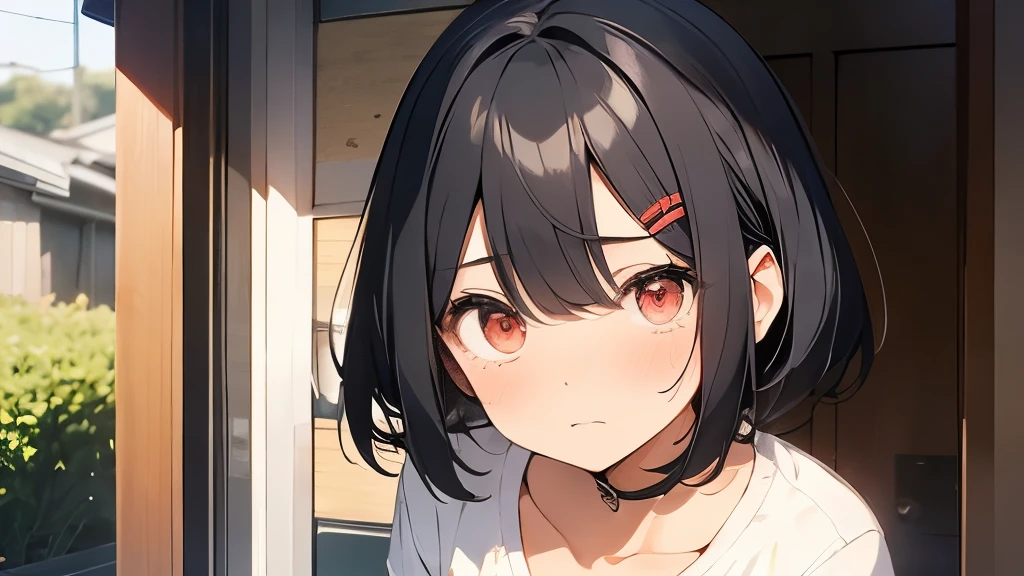 Are crying、Hair is black、energetic high school student、18old girl、hair cut short、cute、In summer clothes、eyes are black、house entrance door、eyes are red and swollen