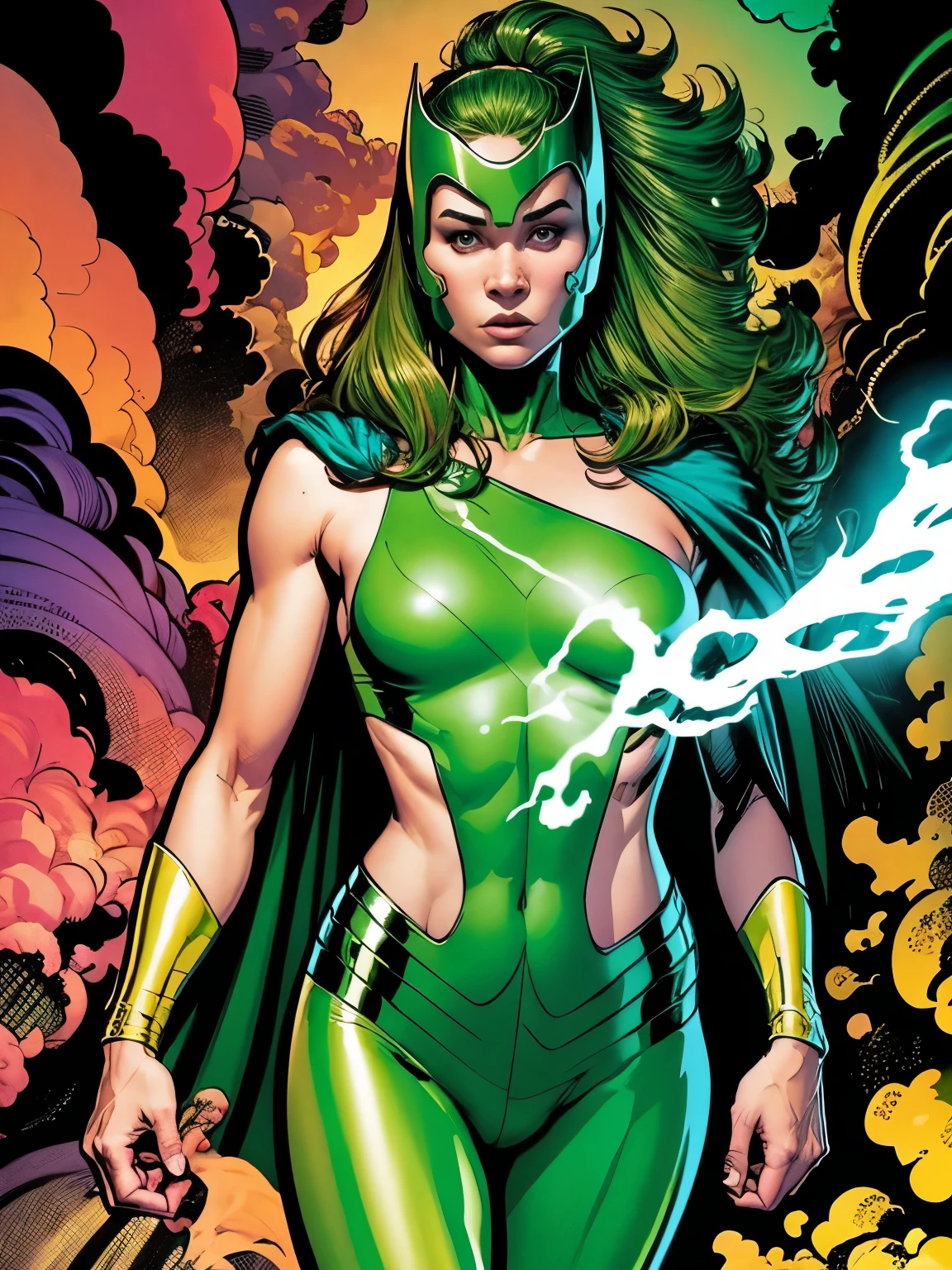 Cinematic. (((A comic style, cartoon art))). ((1girl, solo, lonly)). polaris Posing for photo (in epic heroic pose) , ((wearing his iconic white X-Men uniform with sexy green legging pants and cape)) . (((slim Hot Body, camel toes))). ((Abstract Comic background )) , vivid colors, detailed, detailed face, realistic shadows and bright, glowing.