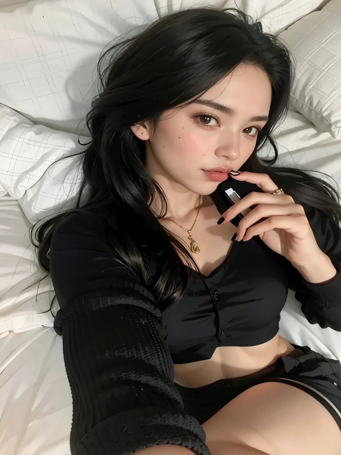 Arafed woman wearing black top and shorts sitting on bed talking on cell phone, 18 years, 2 4 year old female model, Kailee Mandel, 19 year old girl, violeta myers, 1 8 son, 16 years old, pale and light skin!!, 🤤 girl portrait, sentado en la cama, mirada sexy