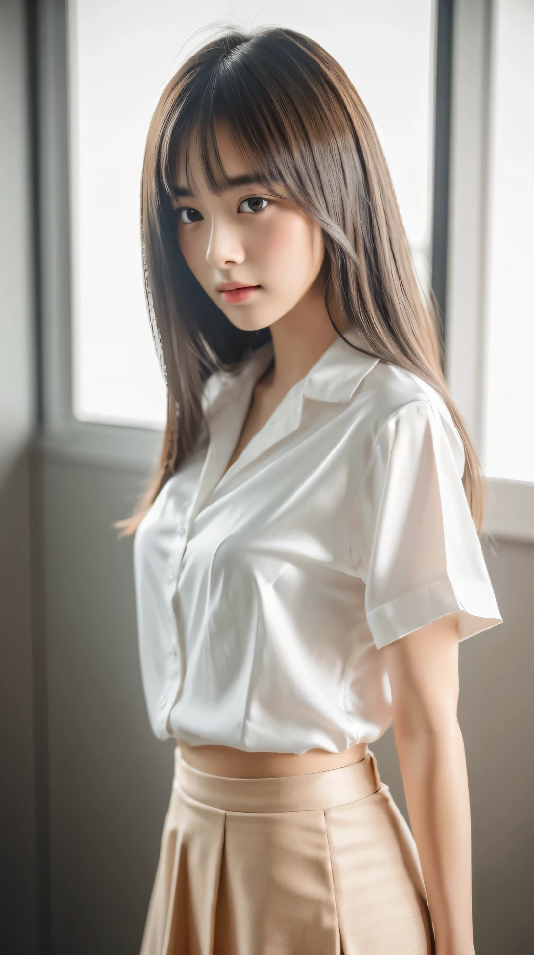 (masterpiece, highest quality, RAW photo, realistic:1.2), 1 girl, look away, sad, beautiful girl, cute, delicate girl, medium hair, written boundary depth, High resolution, Super detailed, detailed, 非常にdetailedな目と顔, realistic student, sharp focus, cinematic lighting, Upper body, silk shirt, skirt,