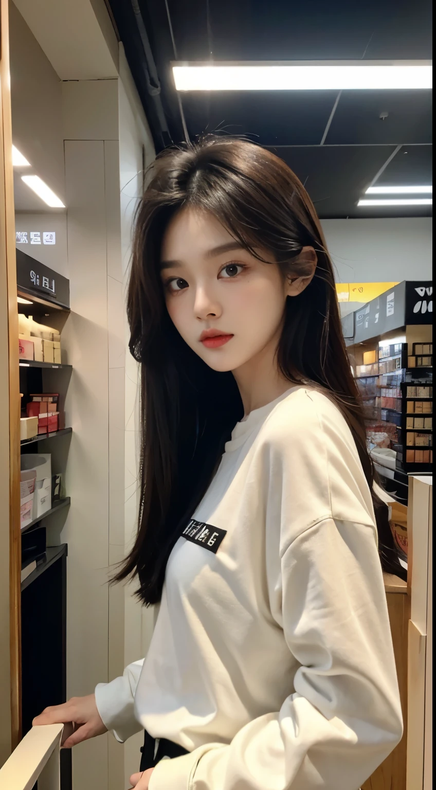 masterpiece、top-quality)、1 beutiful girl、Slim body、((Black and white plain clothes:1.1))、(Detailed beautiful eyes)、Walk around the store、((Boyish Brown Medium Hair))、((Smaller face))、((Neutral face))、((Face seen from the side))、((Light brown eyes))、((Korean Girl))、((18year old))、((cool lady))、((Wild look))、((Korean Makeup))、((elongated and sharp eyes))、((Happy dating))、((looking distantly))、((boyish))、((Shot from the same height as your face))、((Viewers are tall))、((She is walking in front of the viewer))、((Happy to be spoiled by viewers))